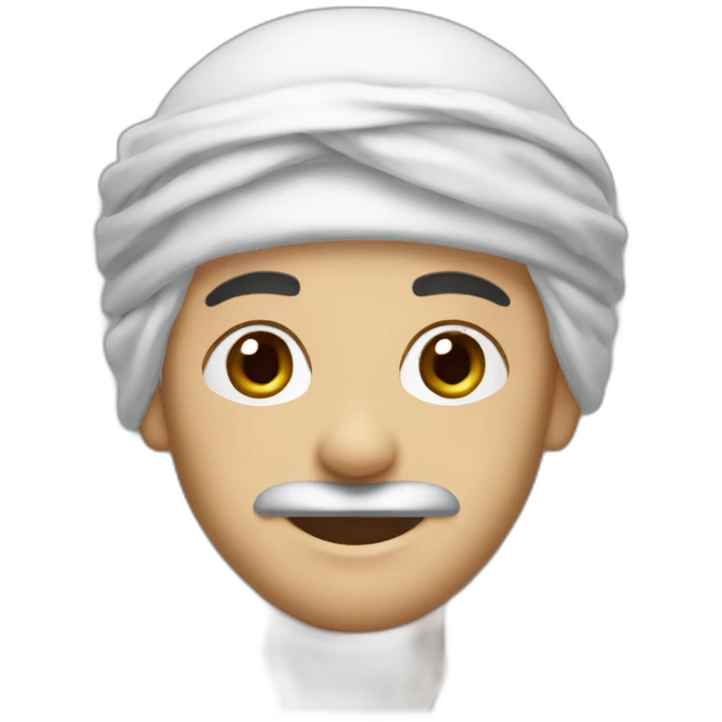 A person wearing only a shemagh, headband, and mustache, with dark brown eyes and white skin tone, smiling and cheerful emoji