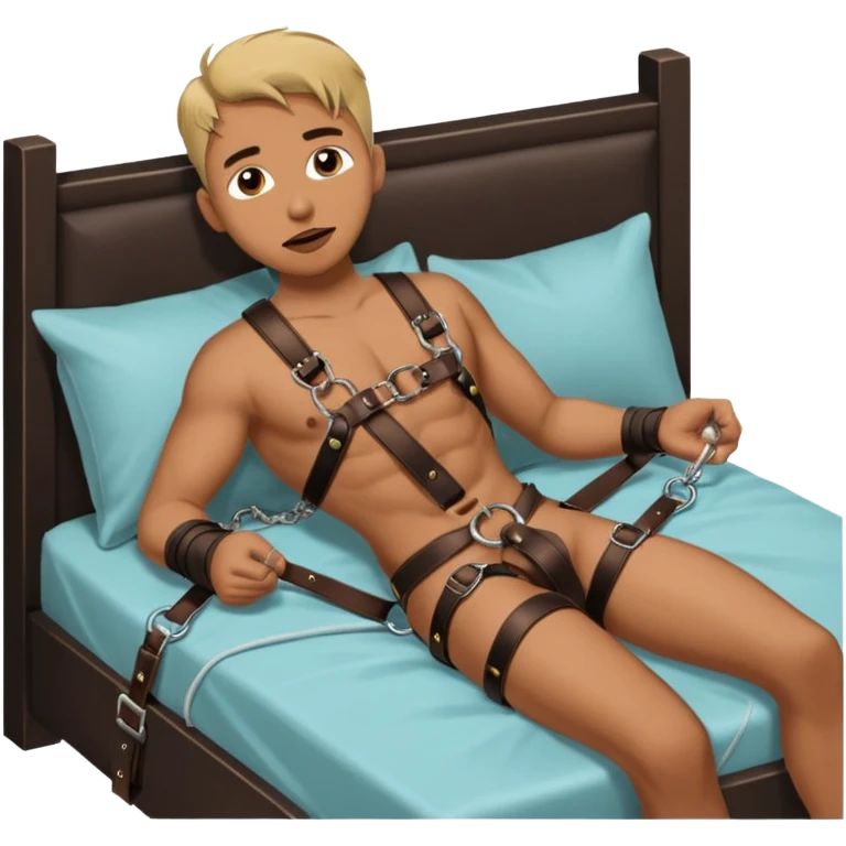 Male submissive in a gag and chastity being pegged by a Hispanic femdom while tied down to a bed. emoji