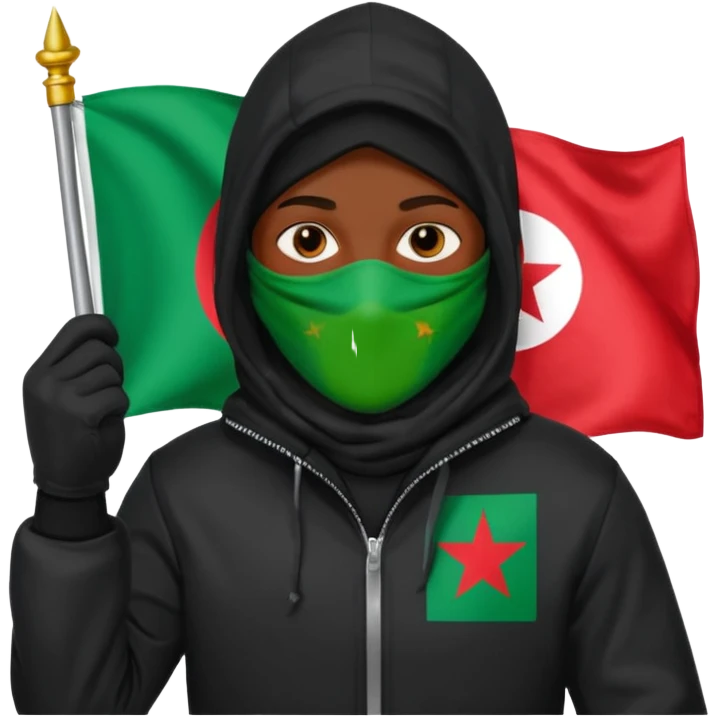 fait une personne habiller tout en noir avec une veste et une capuche et une cagoule qui tient un drapeua d'algerie dans sa main droite emoji