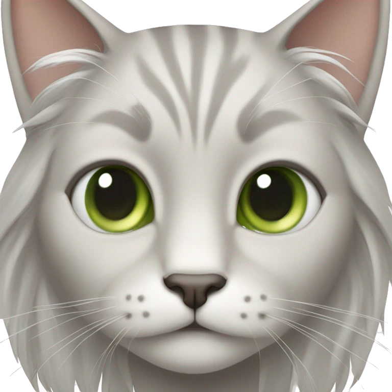 cat with long hair, white hair on snout and in between eyes, gray hair on ears and cheeks, light green eyes emoji