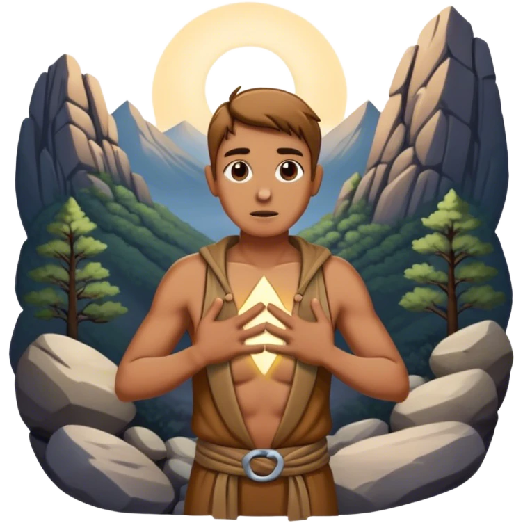 mountain crossroads with rocks  two trails—one illuminated,, and one shrouded in darkness, representing reaction. with hands on chest emoji
