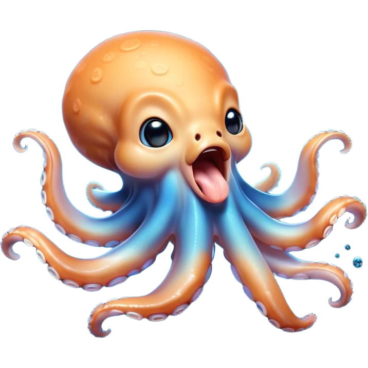 Cinematic Cute Yawning Octopus Portrait Emoji, Head tilted slightly with a dramatic, wide-open yawn, showcasing a plump, light orange body decorated with delicate blue rings and loosely draped arms with sleepy, half-closed eyes, Simplified yet irresistibly adorable features, highly detailed, glowing with a soft, cozy underwater glow, high shine, relaxed yet expressive, stylized with a hint of whimsical aquatic charm, soft glowing outline, capturing the essence of a drowsy yet affectionate octopus that appears ready to stretch and yawn its way out of the screen! emoji