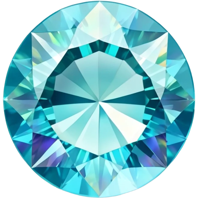 round cut aquamarine gemstone, faceted, with iridescent holographic shine and soft glow emoji