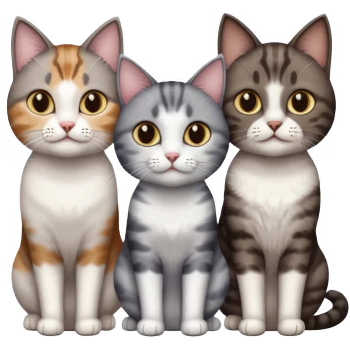 3 different coloured short haired cats including; a dark brown tabby and white cat, and a dark grey and white  emoji