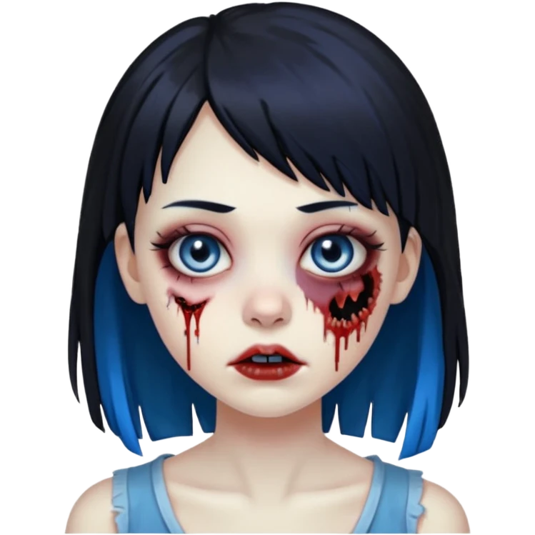 faça uma menina zumbi bonita com um cabelo liso, franja e que metade da franja seja azul e o a outra metade e resto do cabelo sejam pretos emoji