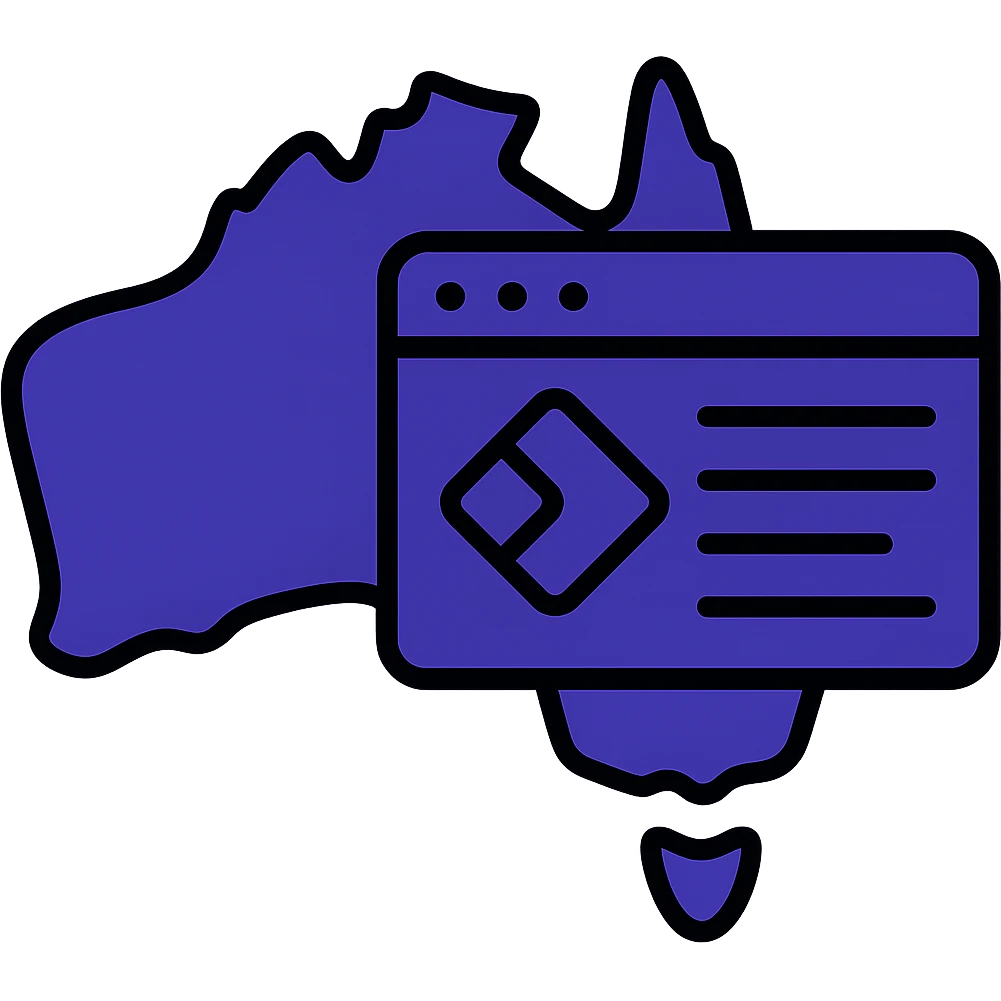 Update the map of Australia with digital web page overlay icon to use #403DAD as the main and dominant color throughout, keeping the modern and techy look, no text emoji