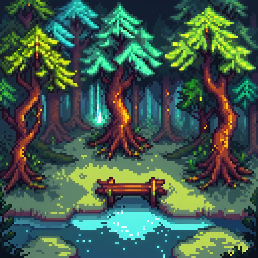 Magical forest with glowing trees and a hidden lake emoji