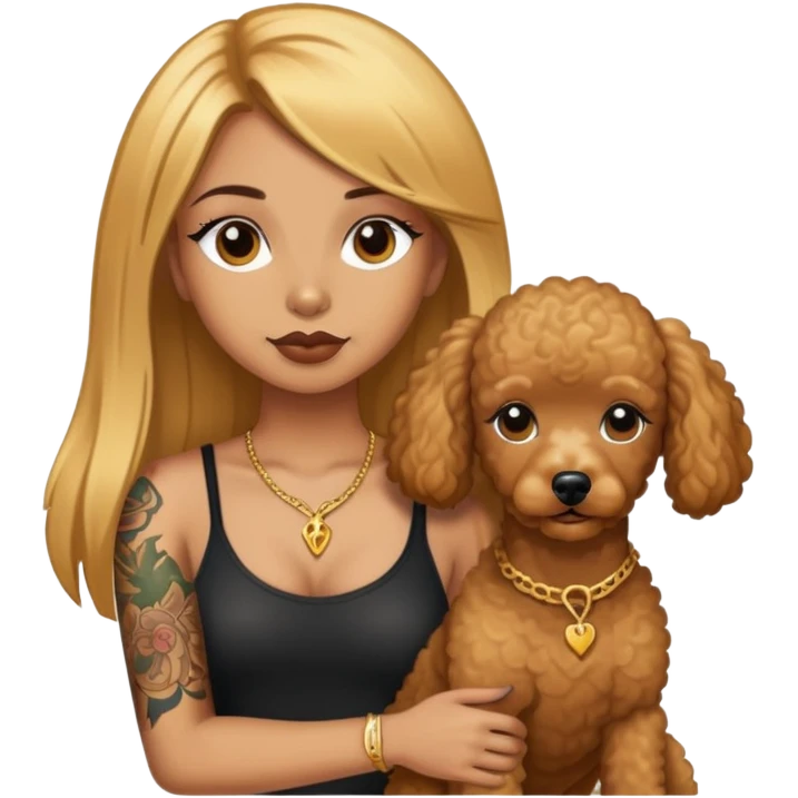 a  girl with glod  straight hair and tattoos and two brown poodle  emoji