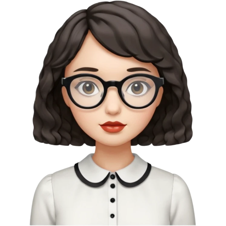 young woman with wavy French bob haircut, black round eyes, white square glasses, peplum blouse emoji