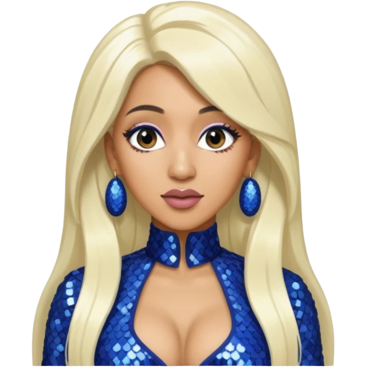 Cardi B with tan skin, long white blonde hair, indigo sequin outfit emoji
