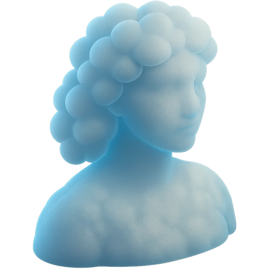 person looking straight, made entirely of white fluffy convex clouds with a slight blue glow, shoulder length, matte glass style emoji