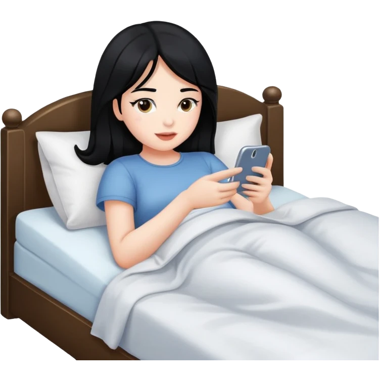 Girl with black hair, white, laying In bed using phone  emoji