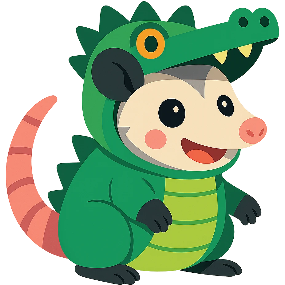 cute cartoon possum dressed up like an alligator emoji