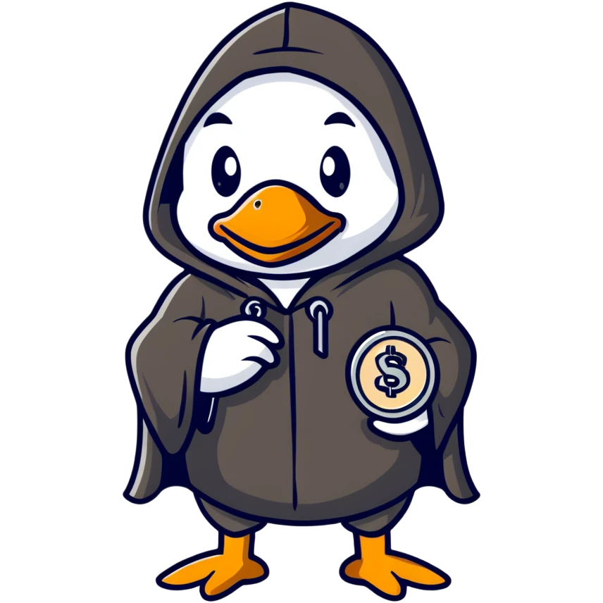 A cool duck wearing a black hooded cloak holding a silver coin emoji