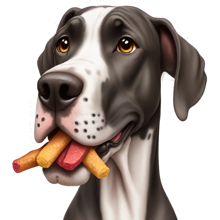 Great Dane spotted with reddish brown color holding a treat in mouth emoji