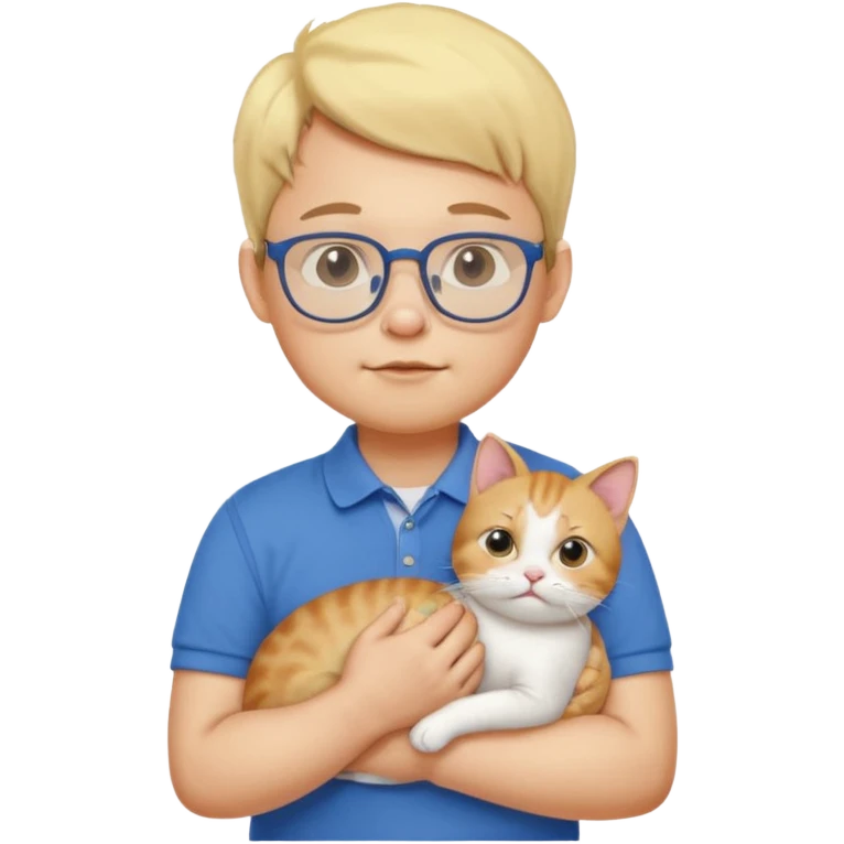 emoji ios, soft boy carrying a cat, light yellow skin, blue polo shirt, bespectacled, cute and a little plump, with slightly chubby cheeks. emoji
