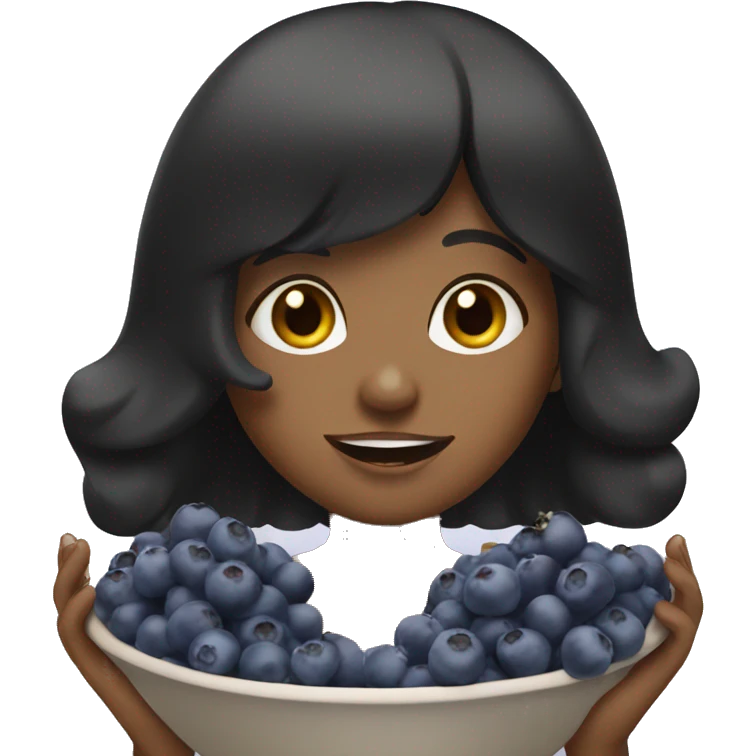 brown girl with black hair with bangs eating blueberries in bowl emoji