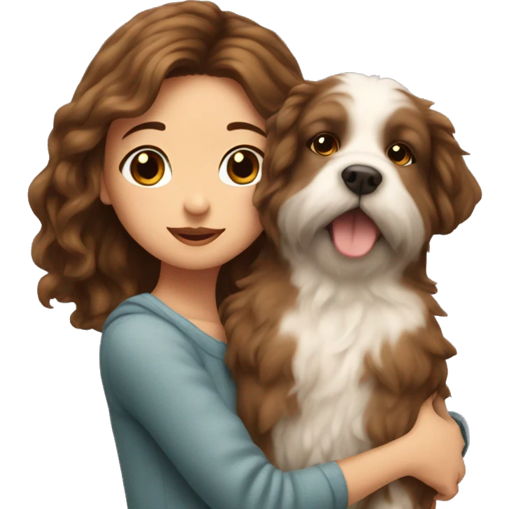 beautiful girl with brown hair kissing her fluffy dog emoji