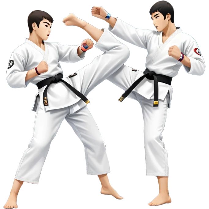 Two taekwondo fighters in traditional white doboks with black belts compete in a dynamic match. One executes a high spinning kick, while the other blocks skillfully. The background features a professional arena with bright lights and spectators. Transparent background. emoji