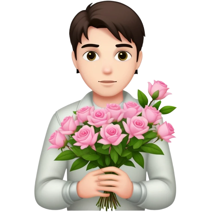 A cool bad boy with fair skin holding a bouquet of pink jasmine roses emoji