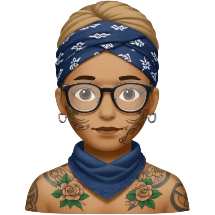 character with bandana and glasses and tattoed emoji