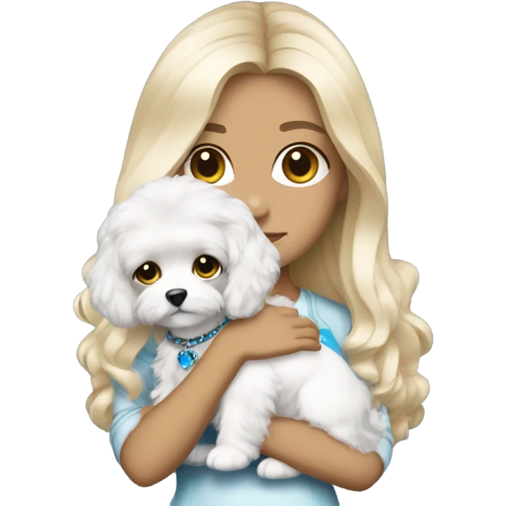 Cute long haired Blonde nightclub outfit girl with blue eyes and holding white cavachon dog emoji