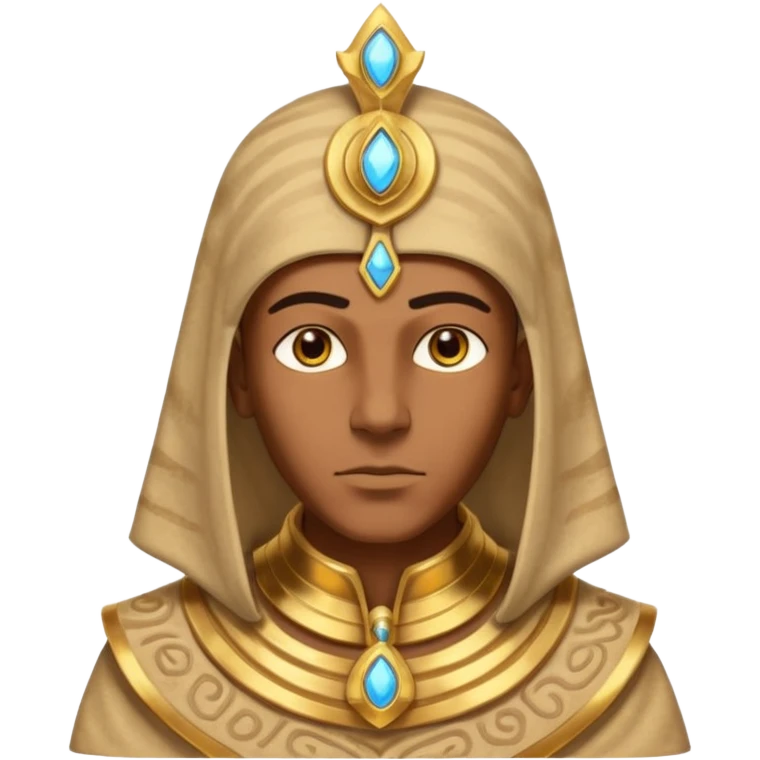 ancient pharaoh sand mage portrait, head and shoulders only, Egyptian-inspired hood collar, gold ornaments, mystical sand swirl, glowing eyes, 3D cartoon, mobile game icon style, clean background, no text, no watermark
 emoji