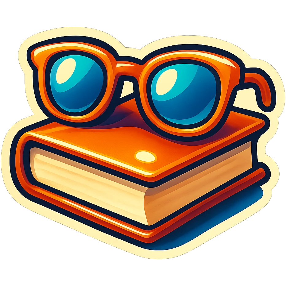 glasses on a book, retro stickers style, clear outlines, strong shadows and highlights, fun and not too complex emoji