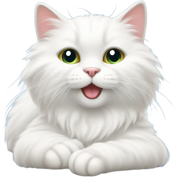 A white cat stretches its front paws from sleep emoji