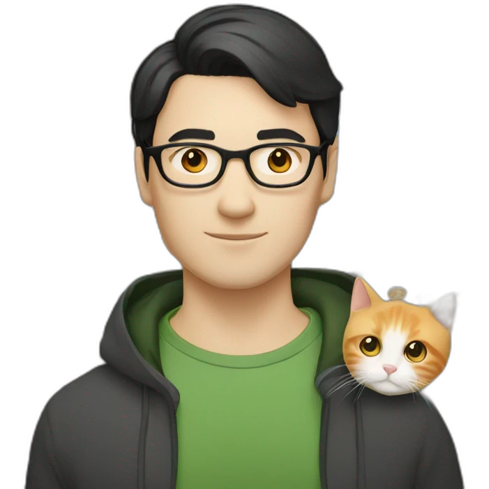 Man with green eyes, black short hair, white skin, with glasses, hold Persian orange cat emoji