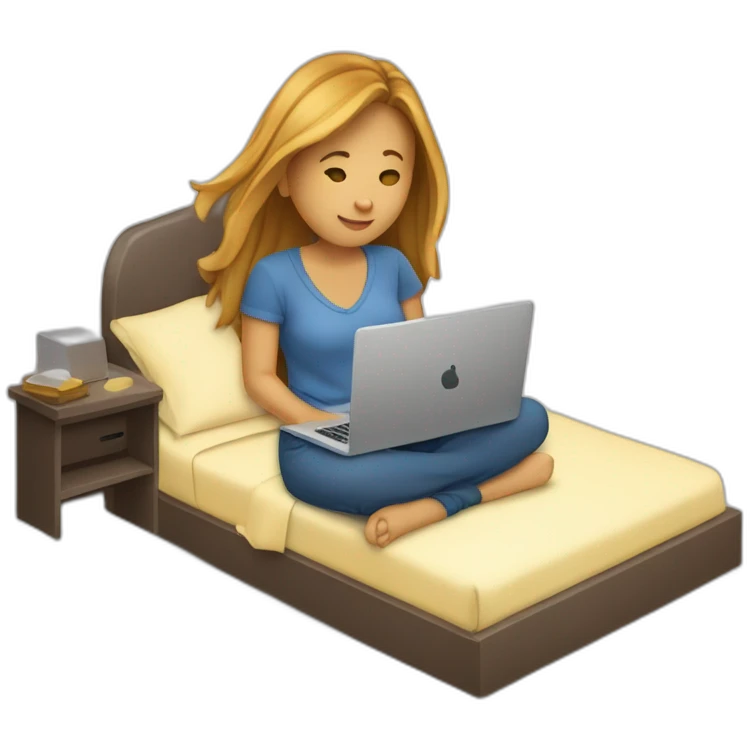 Une fille qui travaille avec son ordinateur sur son lit emoji