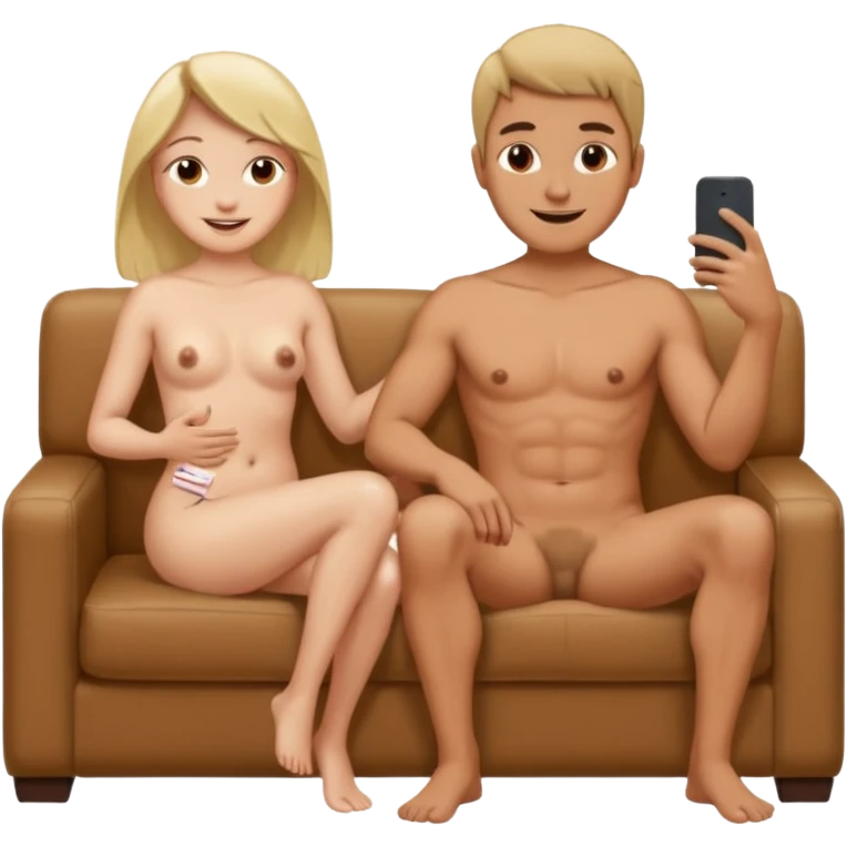 Мужчина сидит на диване полностью голый, а женщина рядом с ним сидя тоже полностью голая держит его хуй  emoji