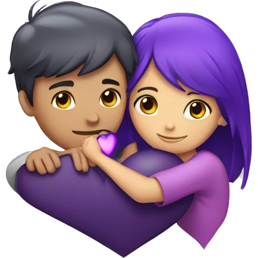 Girl boy hugging with purple heart emoji