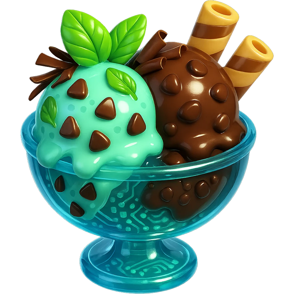 Add extra toppings: chocolate shavings, extra wafer sticks, and mint leaves to the 3D glossy mint and chocolate chip sundae, with shiny highlights. No background. emoji
