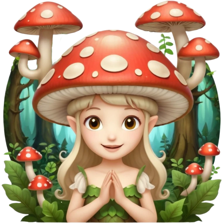 mushroom fairy portrait, head and shoulders only, wearing a large mushroom cap hat, tiny glowing wings visible behind shoulders, cute magical smile, forest fantasy vibe, 3D cartoon, mobile game icon style, clean background, no text, no watermark

 emoji
