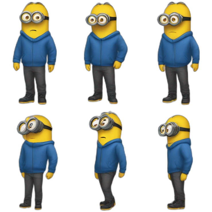 minion blue hood blue shirt gray pants with gold insert belt leather shoes black mask on face three stripes claw marks glasses angry glance emoji