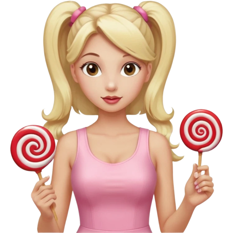 Beautiful woman with long blonde ponytails wearing light pink bodycon dress holding a lollipop emoji