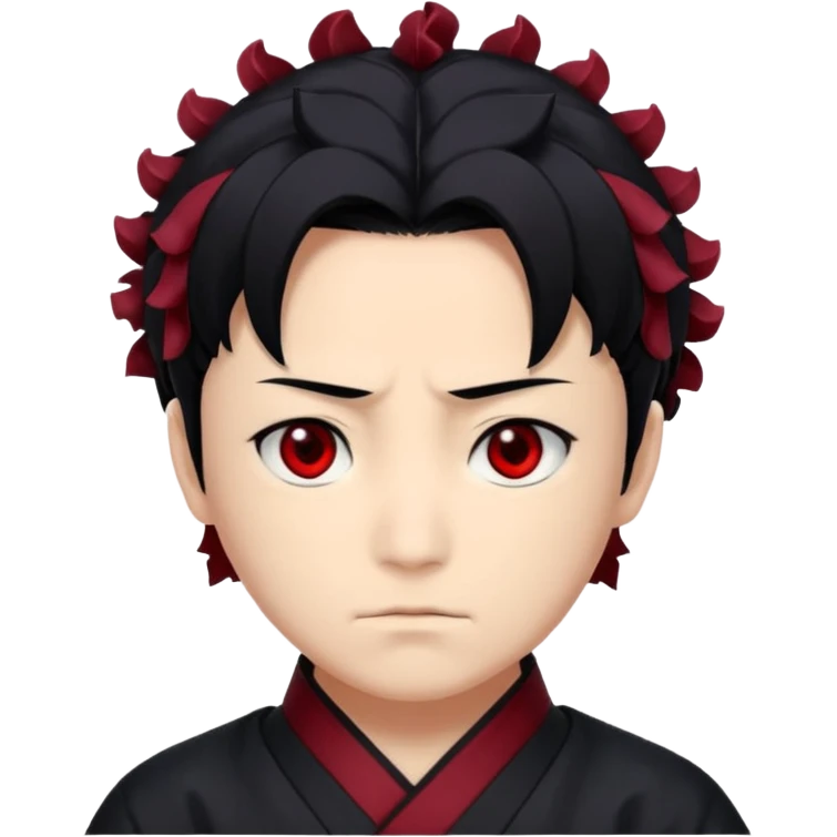 Tanjiro Kamado has a kind, yet determined, appearance with ruffled, black hair that has red/burgundy tips. His most prominent facial features are his wide, dark red eyes and a distinctive scar on the top left of his forehead. emoji