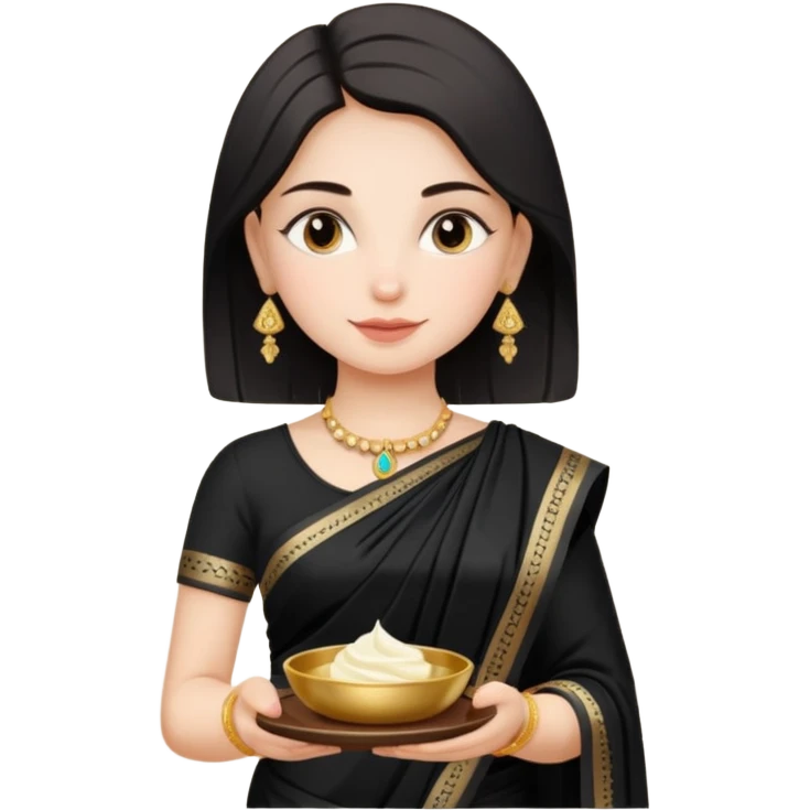 Russian girl in Indian black saree with full image from head to leg and holding a cream colour small tray in her both hands emoji