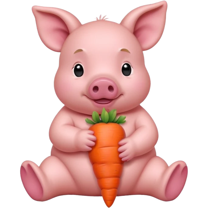 Baby Sitting Piglet – chubby piglet sitting down holding a toy carrot emoji