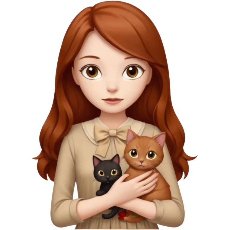 a beautiful girl with long red and brown hair, clear brown eyes, in a beige dress and with a beige bow holds two black cat in her hands emoji