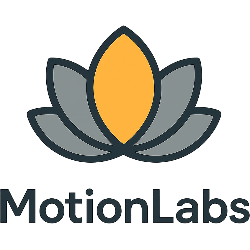 elegant logo for MotionLabs with lotus flower, colors #ffa31a, #808080, #292929 emoji