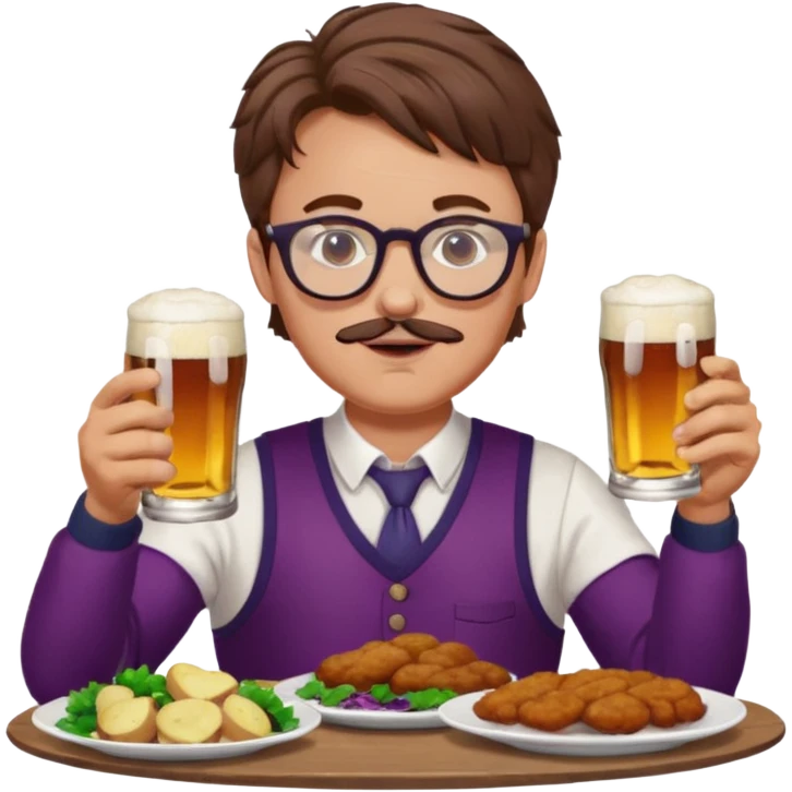 German man with glasses and brown hair and woman with glasses and brown hair eating schnitzel, red cabbage, potatoes, and drinking a beer emoji