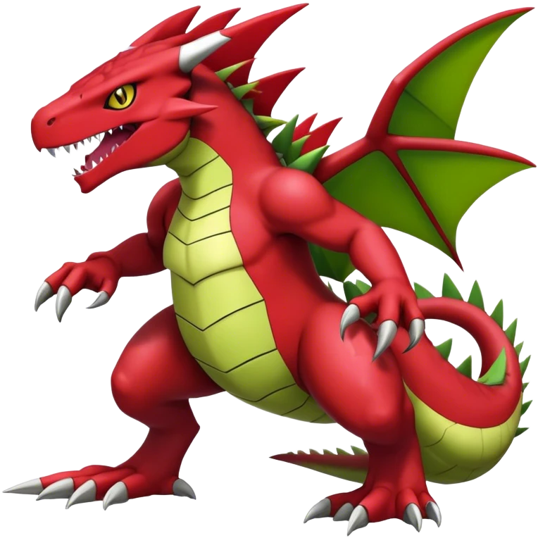 Cool edgy Guilmon-Flygon-Tyranitar-Digimon-hybrid-fusion, yellow belly, full body emoji