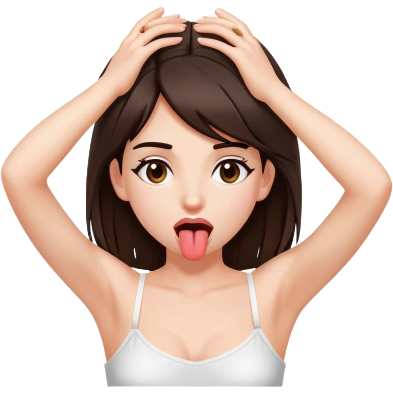 Brunette girl in white spaghetti strap top with tongue out and hands on her head emoji