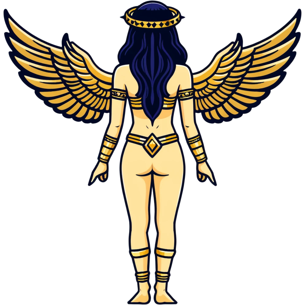 fullbody back view of Anunnaki goddess Inanna with majestic glowing wings, nude back, ancient Mesopotamian star and gate symbols, elaborate gold bracelets and anklets emoji