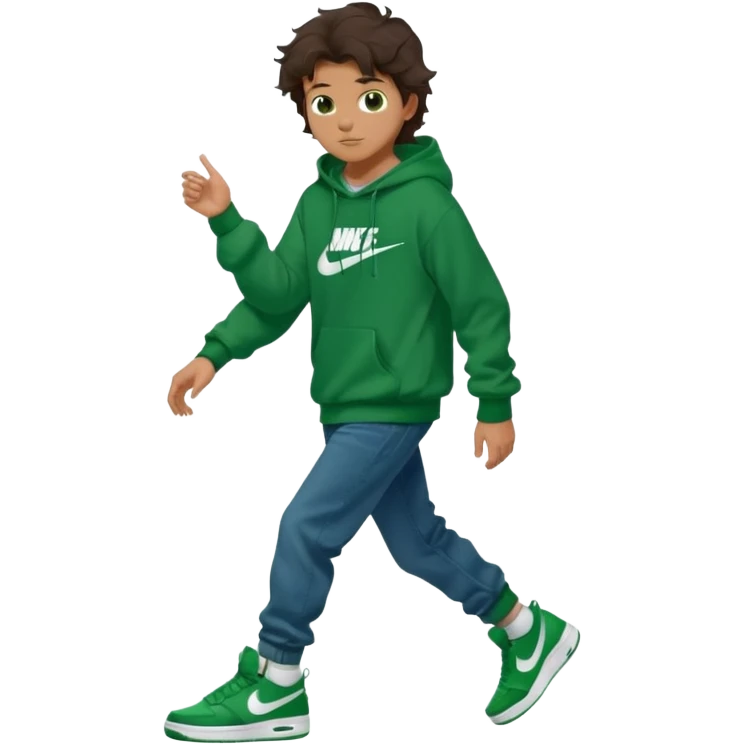 a 14 year old slightly tanned teenage boy with dark brown tousled wavy hair, dark brown eyes wearing a green tshirt, a dark green hoodie, blue jeans and green nike air jordans emoji