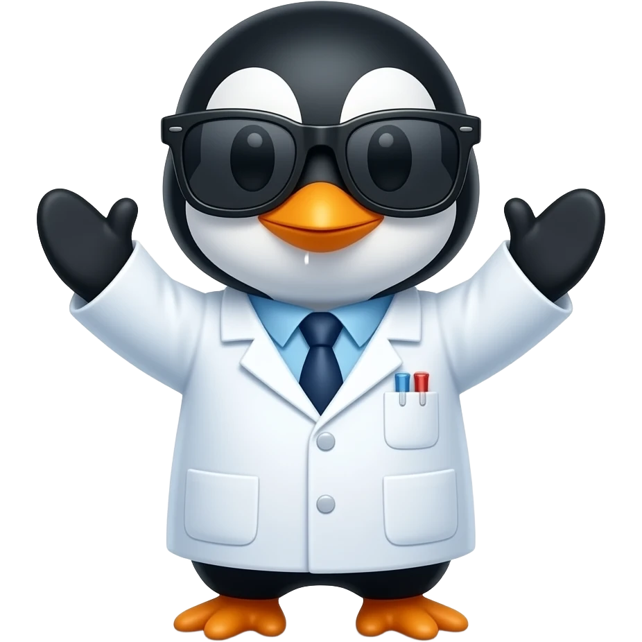 Cute realistic penguin wearing a white lab coat with cool swaggy shades on, being playful emoji