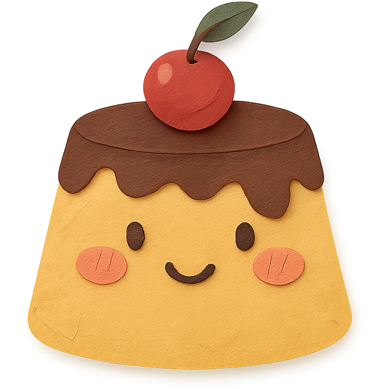 shy pudding with blushing cheeks, cherry on top, creamy soft background, paper craft style emoji