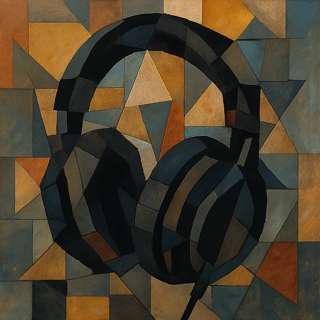 black gothic headphones with fragmented shapes and dark accents in cubist abstraction style emoji